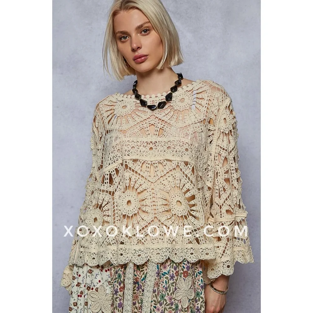 POL Cream Crochet Top | Boho Bell Sleeve Knit | Festival Cottagecore Vibe - Picture 5 of 8